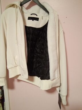 Moose Knuckles Cream Hooded Zip Jacket with Black Quilted Lining
